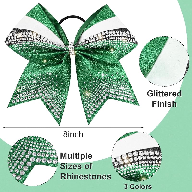 Glitter Cheer Bows 6 Pack Large 7-8 Inch Rhinestone Elastic Hair Bows for Cheerleaders Green Black White