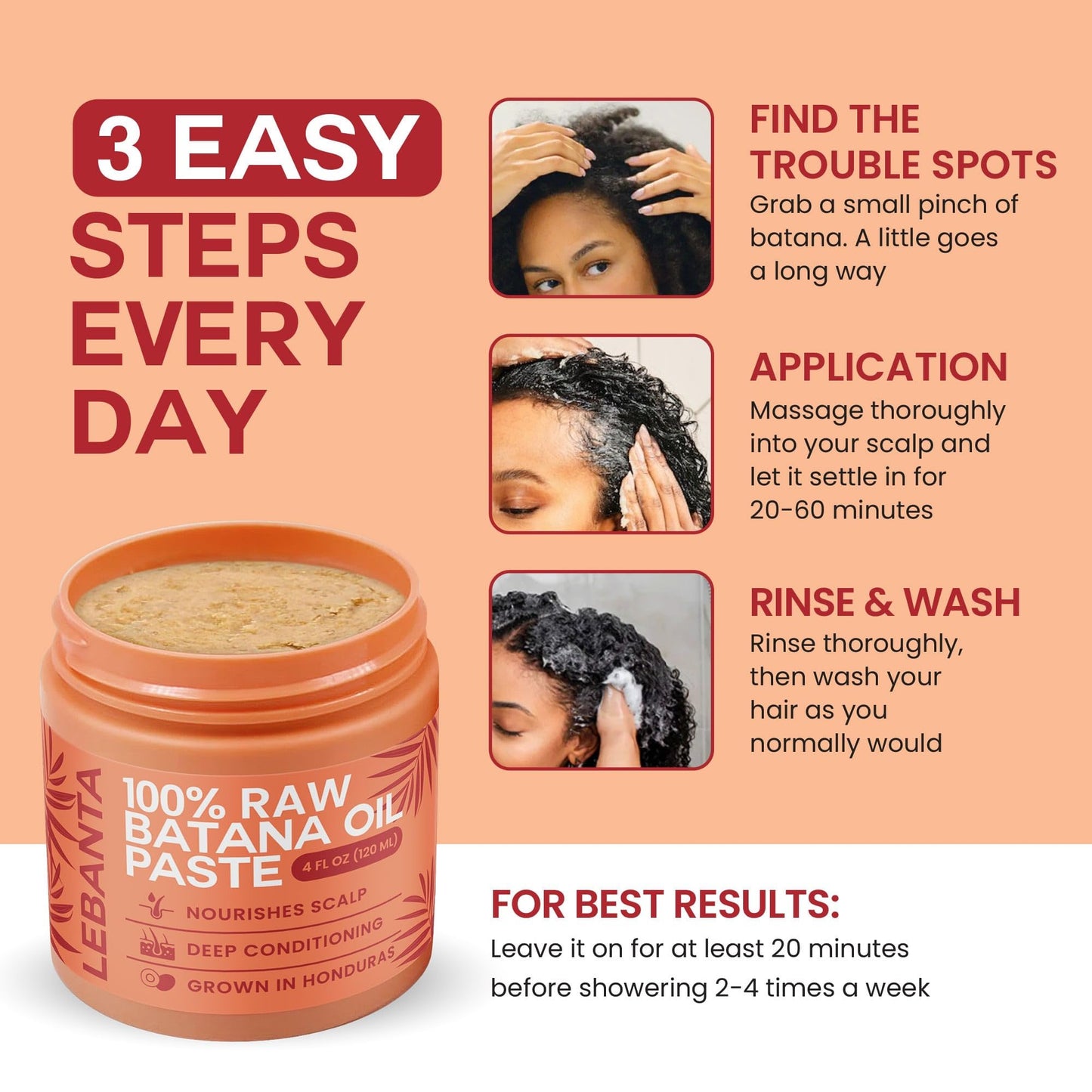 Lebanta Raw Batana Oil for Hair Growth - 100% Pure, Organic 4oz Batana from Honduras for Thick and Strong Natural Hair - Dr. Sebi Unrefined Cold Pressed Cosmetic Scalp Mask for Men & Women (1 Pack)