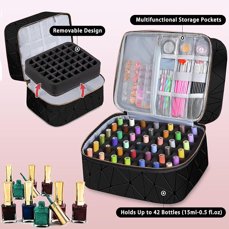 Nail Polish Organizer & Storage Case Holds 84 Bottles 3-Layer PU Leather Bag with UV Lamp (Black) - Detachable & Portable