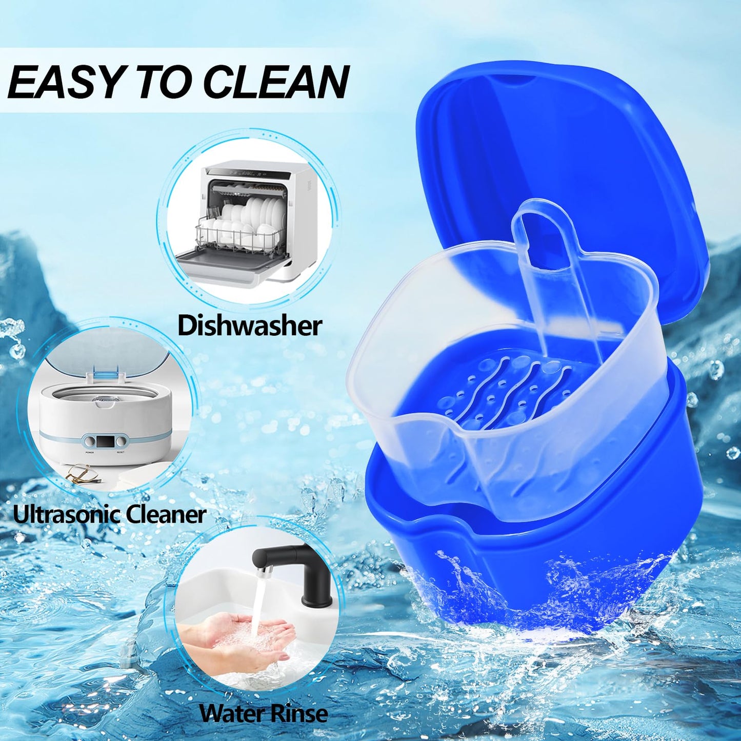 2 Pack Denture Bath Case Cup with Lid and Strainer Basket, Retainer Cleaner Case Dental False Teeth Container with 2 Travel Brushes, Lake Green and Dark Blue