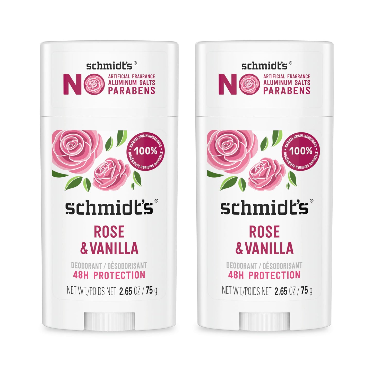 Schmidt's Aluminum-Free Vegan Deodorant Rose & Vanilla with 24 Hour Odor Protection 2 Count for Women and Men, Natural Ingredients, Cruelty-Free, 2.65 oz