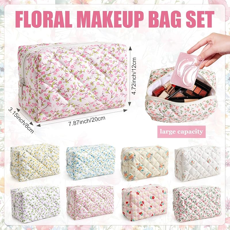 Giesiery Floral 8-Piece Quilted Cotton Makeup Bags Set - Zipper Pouches (Variation: Floral+8)