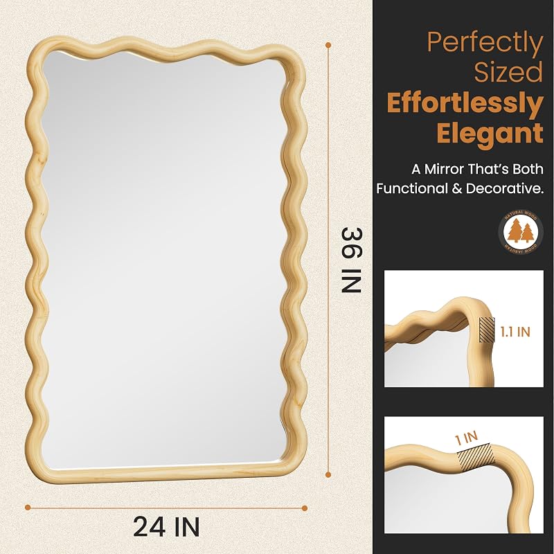 Wavy Wood Bathroom Vanity Mirror 24x36 in - Natural Frame, Vertical Wall Mount (Variation: Natural)