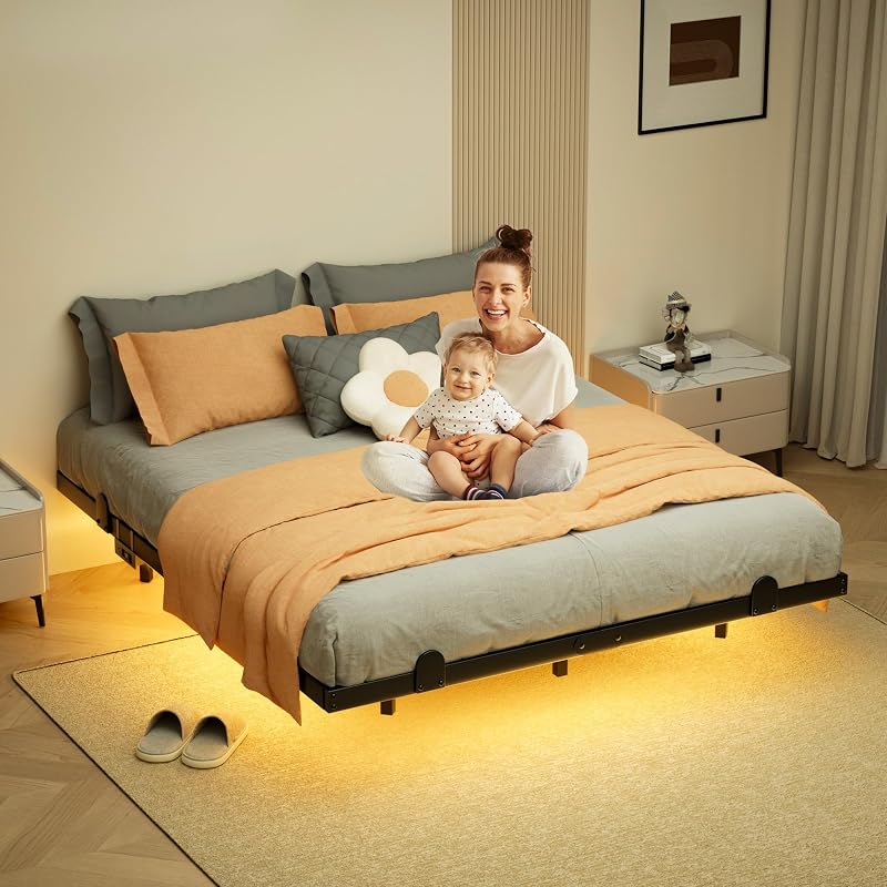 Floating Queen Bed Frame with LED Lights & Charging Station - 14" Variation