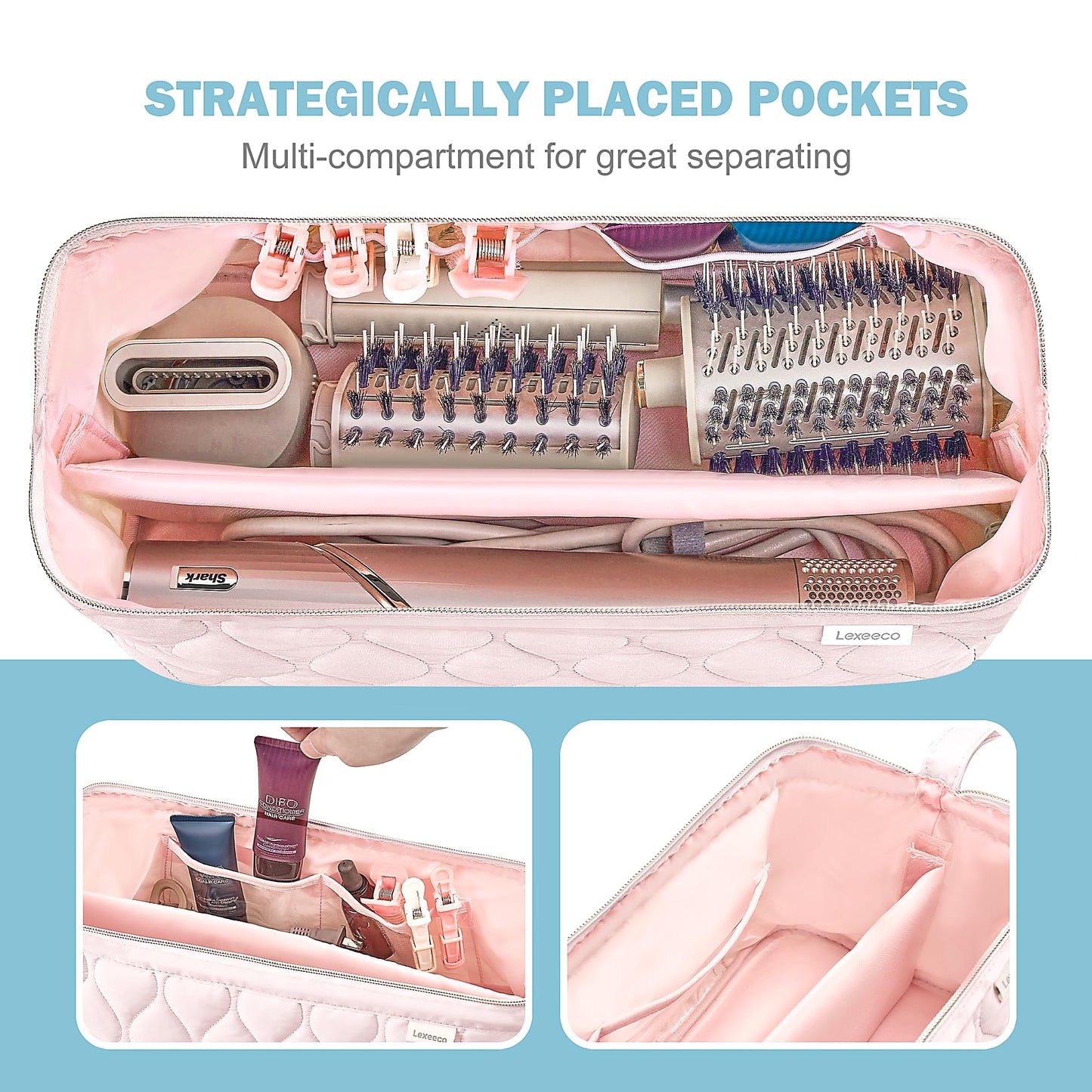 Lexeeco Hair Tools Travel Bag for Shark Flex Fusion Puffer Flexstyle Carring Case Portable Dyson Airwrap Travel Case for Shark Hair Dryer Flat Curing Iron Organizer (Pink)