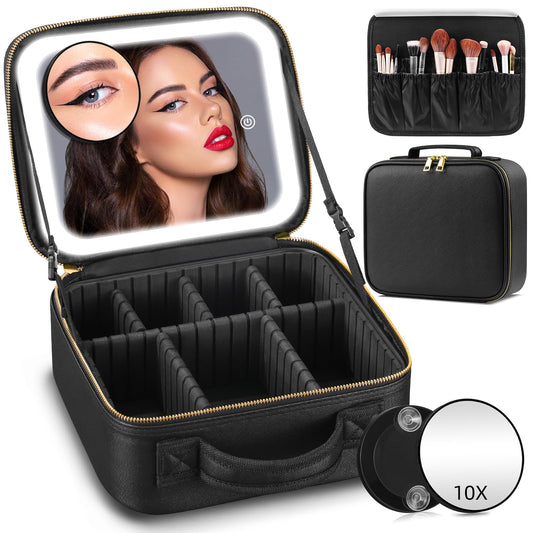 Jadazror Lighted Travel Makeup Bag - 3 Colors, Mirror, 2-Layer Organizer with 10X Magnifying Mirror - Portable Cosmetic Case with Adjustable Dividers (Black)