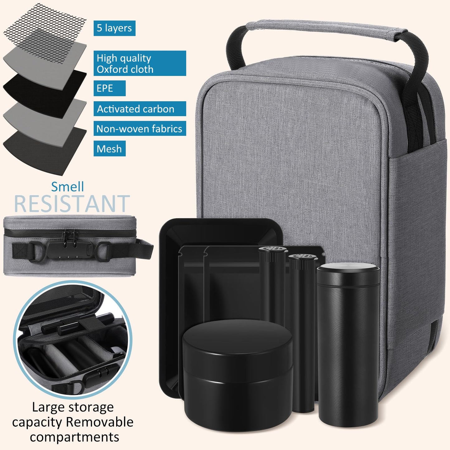 Wonderjune Smell resistant Bags with Combination Lock Storage Organization Container Tray, Jar, Tubes Seal Bags for Travel Gift for Men Women Home Storage Accessories(Gray)