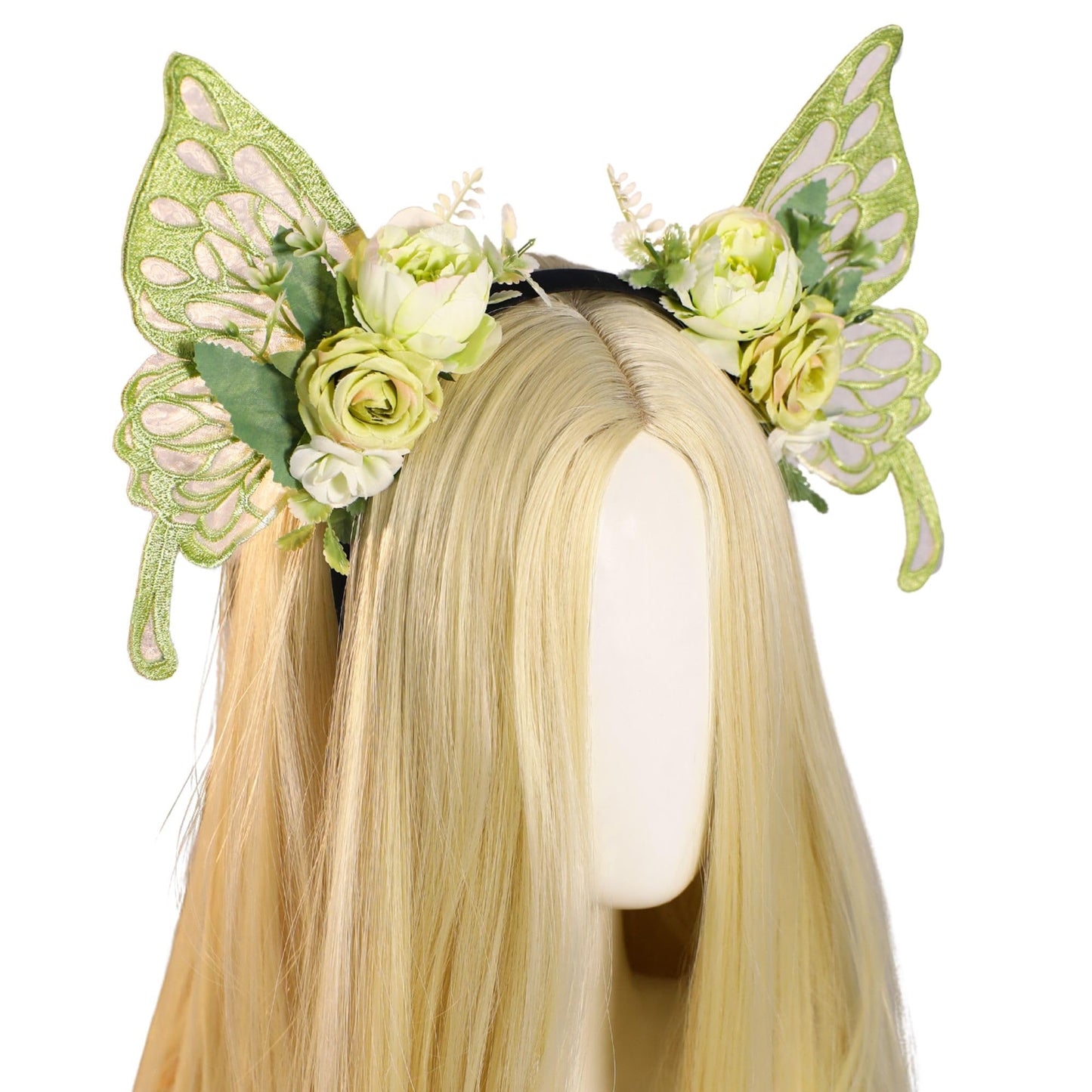 MOSTORY Green Flower Fairy Crown - Butterfly Wings Headband Floral Hairband Woodland Headpiece Fairy Costume for Women Princess Renaissance Ren Faire Elf Cosplay Halloween