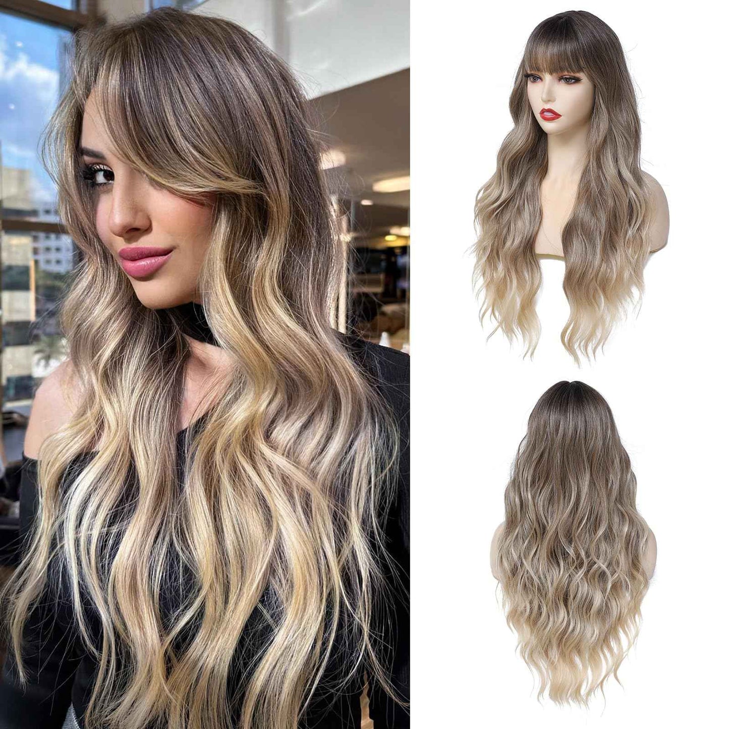 Long Ombre Blonde Wavy Wig With Bangs for Women 26 Inch Curly Wavy Wig With Bangs Natural Looking Synthetic Heat Resistant Fiber Wig for Daily Party Use