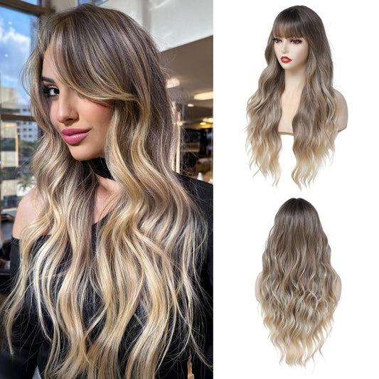 Long Ombre Blonde Wavy Wig With Bangs for Women 26 Inch Curly Wavy Wig With Bangs Natural Looking Synthetic Heat Resistant Fiber Wig for Daily Party Use