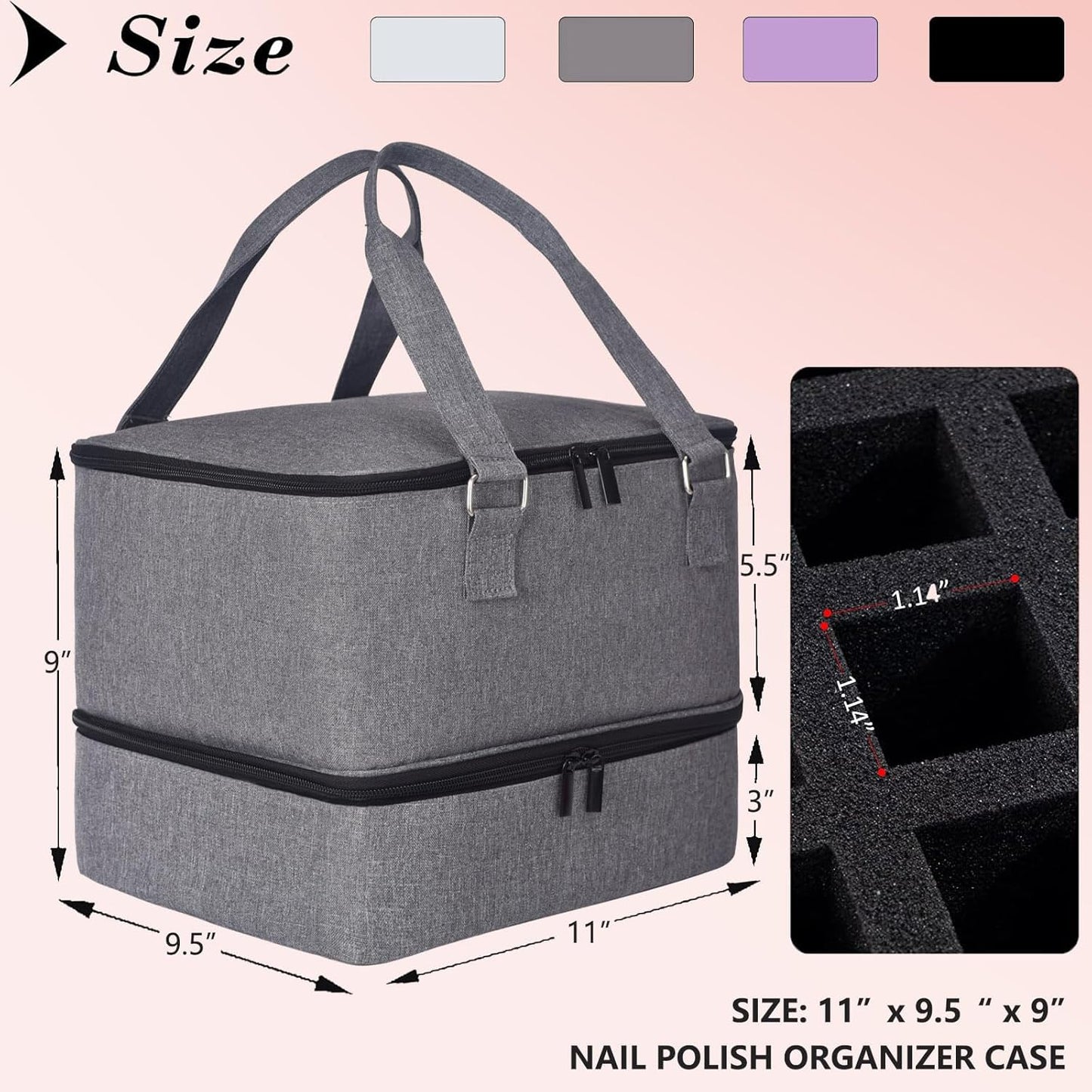 Nail Polish Organizer Bag with Travel Case for 30+ Bottles & Nail Lamp - Purple