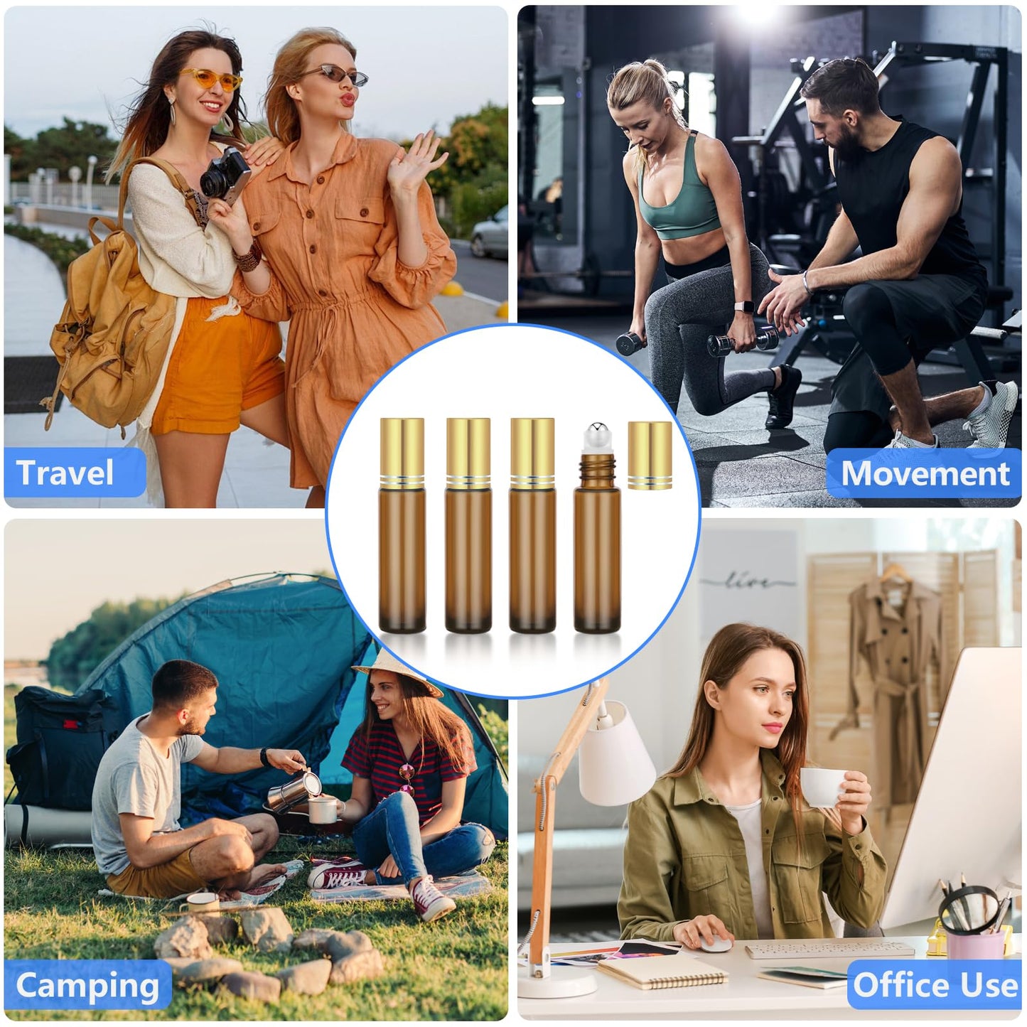 DTDNZKN 4 Pack of 0.34 Oz (10ml) Essential Oil Roller Bottles - Refillable, Leak-proof Amber Glass Roll-on Bottles with Stainless Steel Roller Balls, Metal Caps, and Labels Included