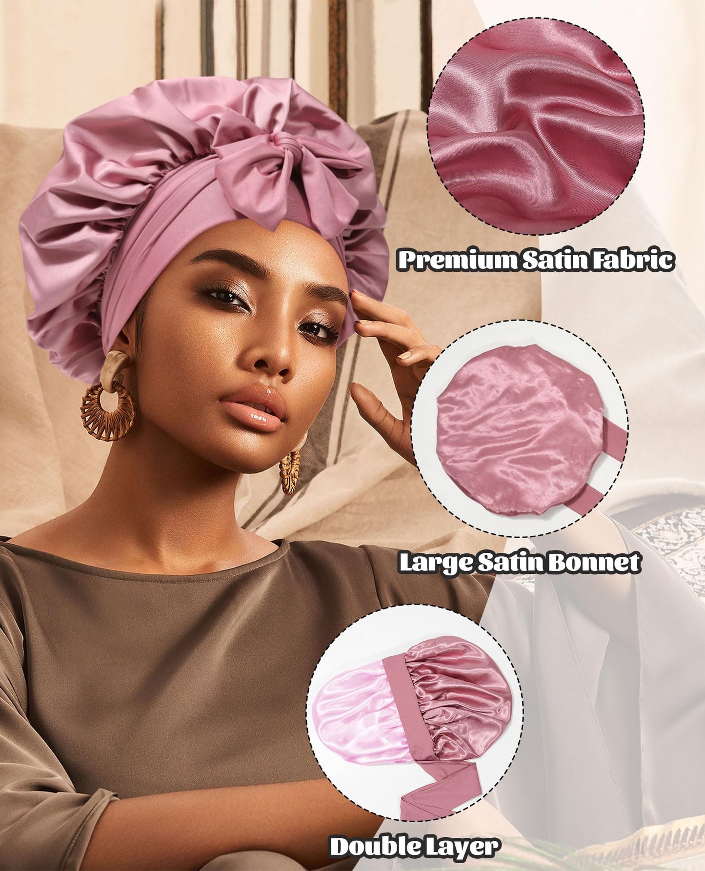 Satin Bonnet Silk Bonnet for Sleeping Silk Sleep Cap Double Layer Hair Bonnet with Elastic Tie Band for Curly Hair Night Cap (Bean Paste + Pink)
