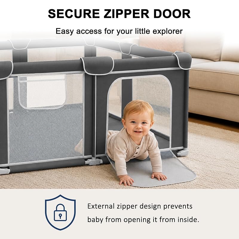 Foldable Baby Playpen 50x50in with Mesh Walls, Portable Play Yard & Foldable Mat - Grey (G TALECO GEAR)