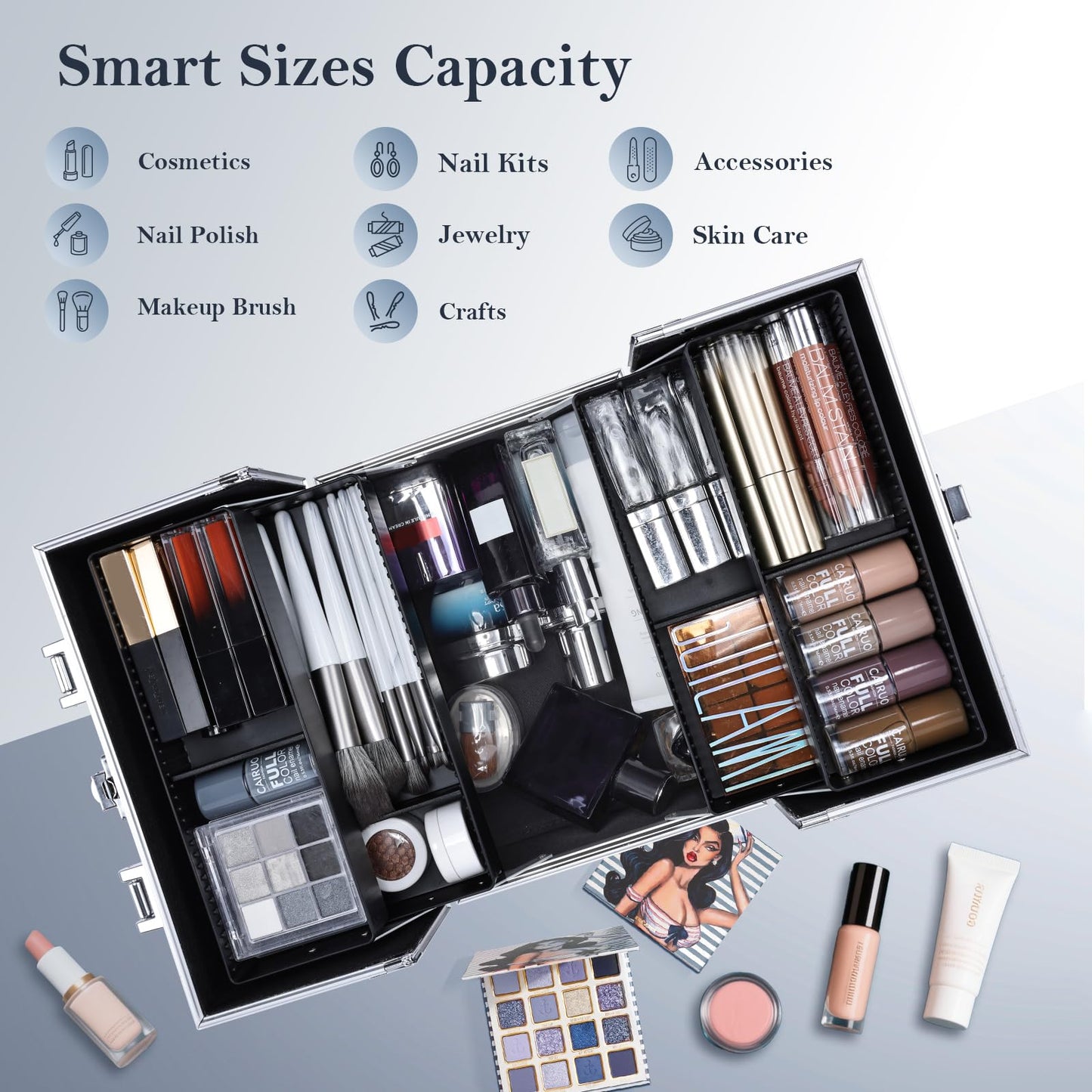 FRENESSA Makeup Train Case Makeup Organizer Box Portable Cosmetic Travel Case with Lock 4 Trays Aluminum Hard Vanity Box Make Up Artist Nail Beauty Storage Organizer Cosmetic Suitcase Bright Silver