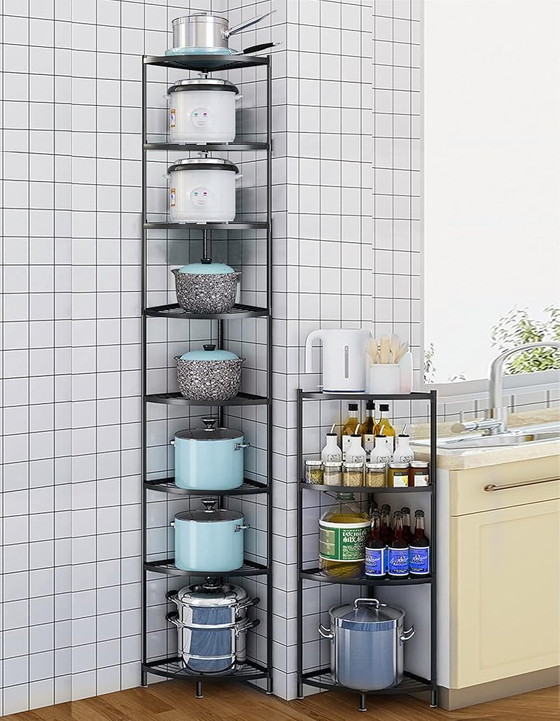 8-Tier Kitchen Corner Shelf Rack with Black Finish – Heavy-Duty Pot & Dish Storage
