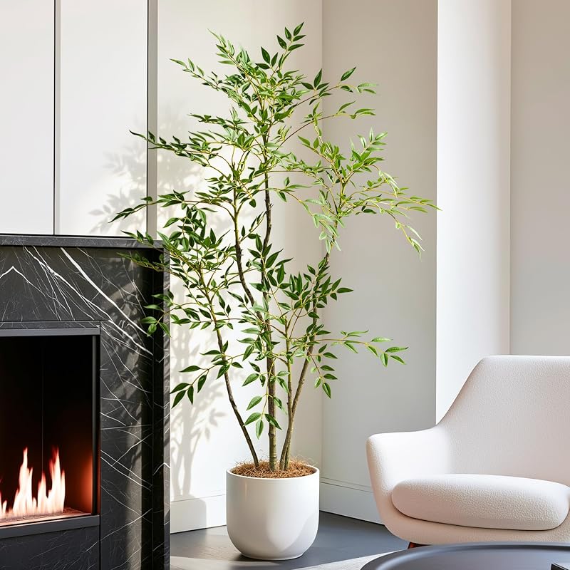4.6ft Faux Bamboo Tree with 800+ Leaves in Cement Planter – Realistic Indoor Nandina Tree, Non-Toxic, Green Variation Included