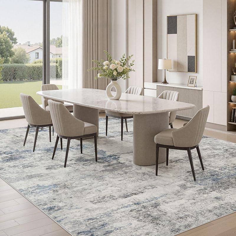 Grey-Blue 9x12 Area Rug - Machine Washable Abstract Living Room Carpet