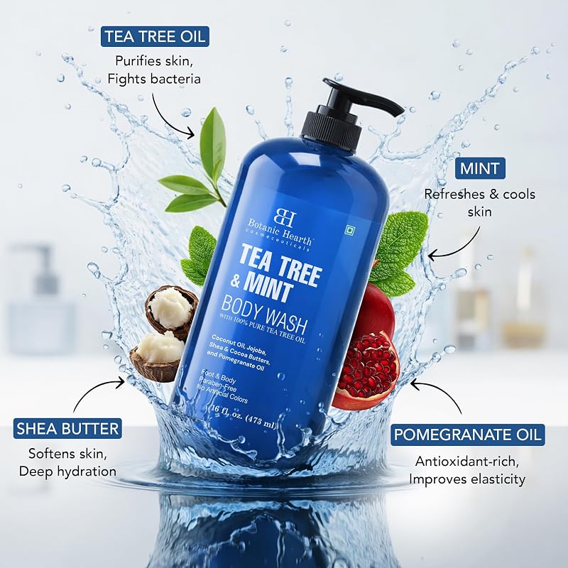 Tea Tree & Mint Body Wash with Silicone Body Brush – 16 fl oz, Botanic Hearth