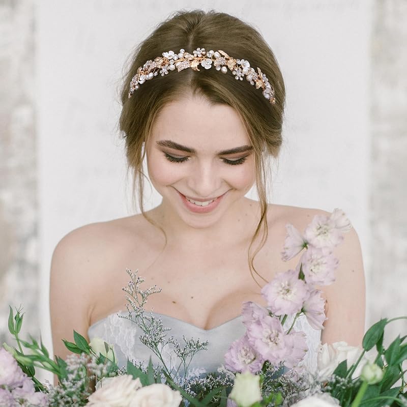 Oriamour Gold Rhinestone Pearl Bridal Headband - 15 Inch Wedding Hair Accessory (Variation: Gold+1 Count)
