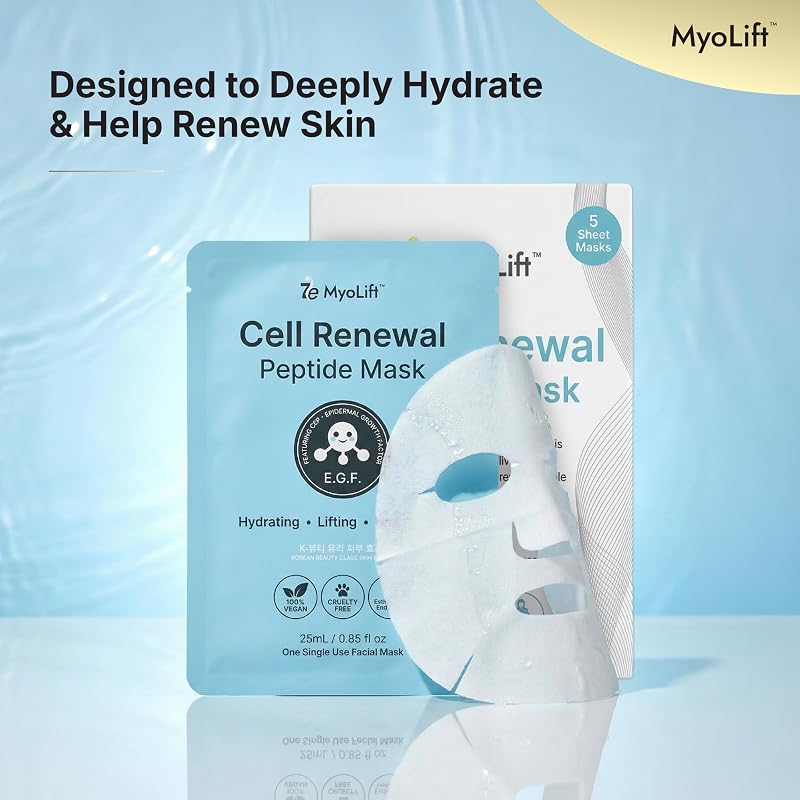 MyoLift Cell Renewal Peptide Mask (EGF) – 2 Pack Bio-Cellulose Face Mask, Niacinamide & Hyaluronic Acid