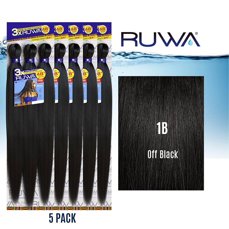Sensationnel Ruwa Pre-Stretched Braiding Hair 48in, 5 Pack - 1B Off-Black (Variation: 1B OFFBLACK+5 pack)