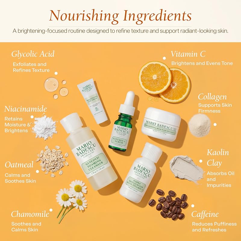 Glycolic Cleanser Vitamin C Serum Hydro Moisturizer Brightening Mask Eye Serum 5-Piece Skincare Set