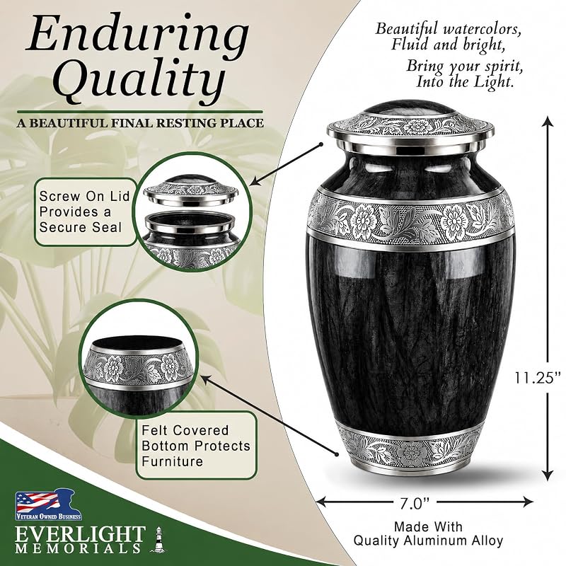 Wc Black Large Aluminum Urn for Adults – Watercolor Finish with Velvet Bag (Variation: Wc Black+Large)