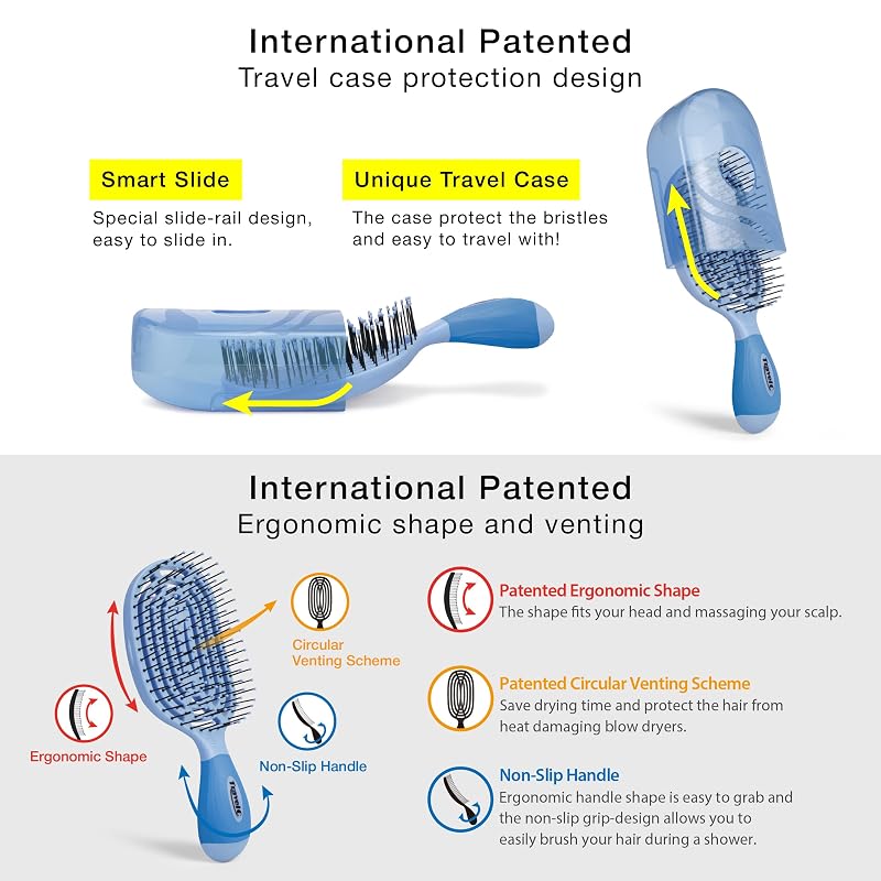 NuWay 4Hair TravelC U.S. Patented Single-Curve Scalp Care Travel Brush with Protective Case – Baby Blue