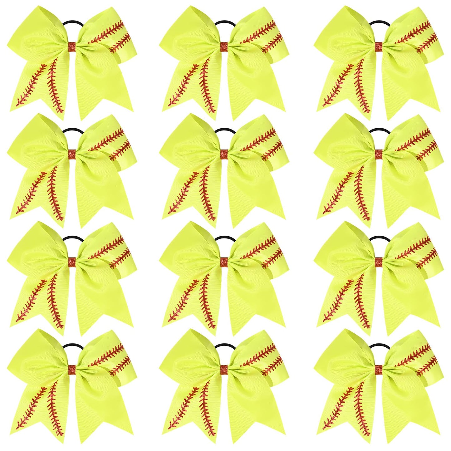 DEEKA 12 PCS Softball Cheer Bows with 2 Glitter Stitching Cheerleader Team Bows Elastic Band for Softball Sports Girls (Neon Yellow+Red Stitching)