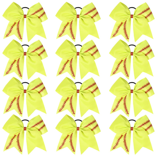 DEEKA 12 PCS Softball Cheer Bows with 2 Glitter Stitching Cheerleader Team Bows Elastic Band for Softball Sports Girls (Neon Yellow+Red Stitching)