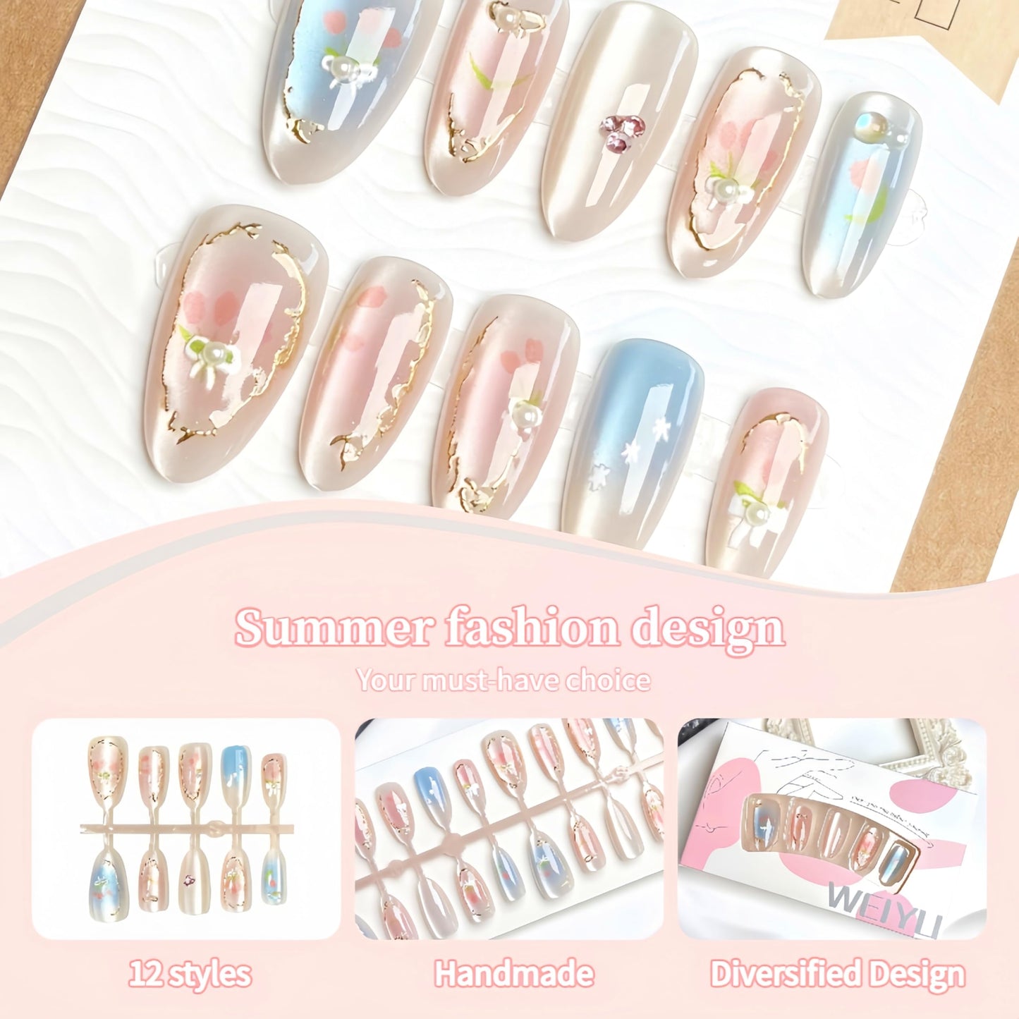 24Pcs Gold Line Flower Press on Nails Medium Almond Fake Nails Pearl Rhinestones Flower Design Full Cover Acrylic Nails Pink Blue Gradient Glue on Nails Pearl Bow Artificial Stick on Nails for Women