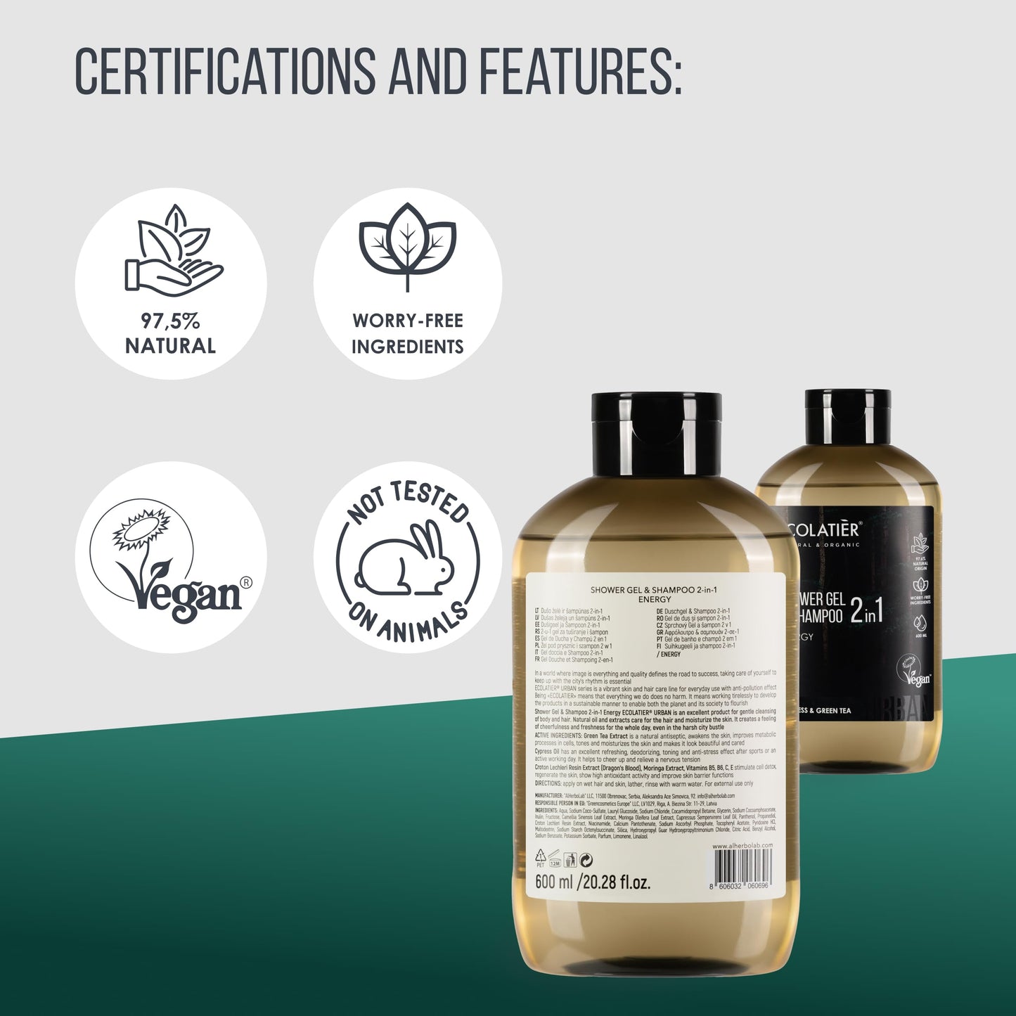 ECOLATIÈR 2-in-1 Body Wash Men & Shampoo Men - Energy Boost, 97.5% Natural Ingredients, Vegan, Natural Body Wash & Hair Cleanser, 20.3 Fl Oz