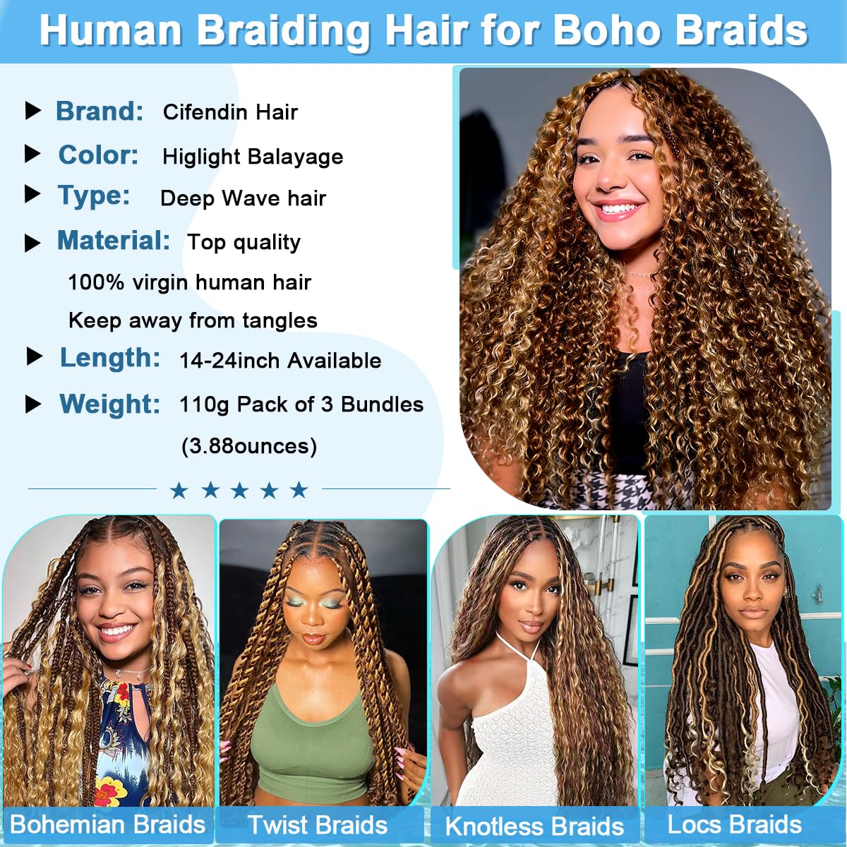 CIFENDIN Human Braiding Hair for Boho Braids 24 Inch 110g Color 4/27 Highlight Balayage Deep Wave Boho Bulk Human Hair for Braiding Knotless 12A Curly Wet and Wavy Bohemian Braids No Weft 3 Bundles