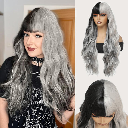 meiliprotea Long Wavy Silver Grey and Black Wig with Bangs Black Grey Split Dye Wigs for Women 26 Inches Glueless Synthetic Bangs Wig for Daily Christmas Party Cosplay Halloween Use (Black and Grey)
