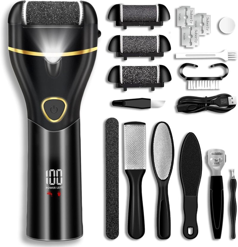 Callus Remover for Feet, Electric Foot Callus Remover Waterproof with 3 Rollers 2 Speed Battery Display,17 in1 Rechargeable Foot File Pedicure Kits for Dead Hard Cracked Dry Skin