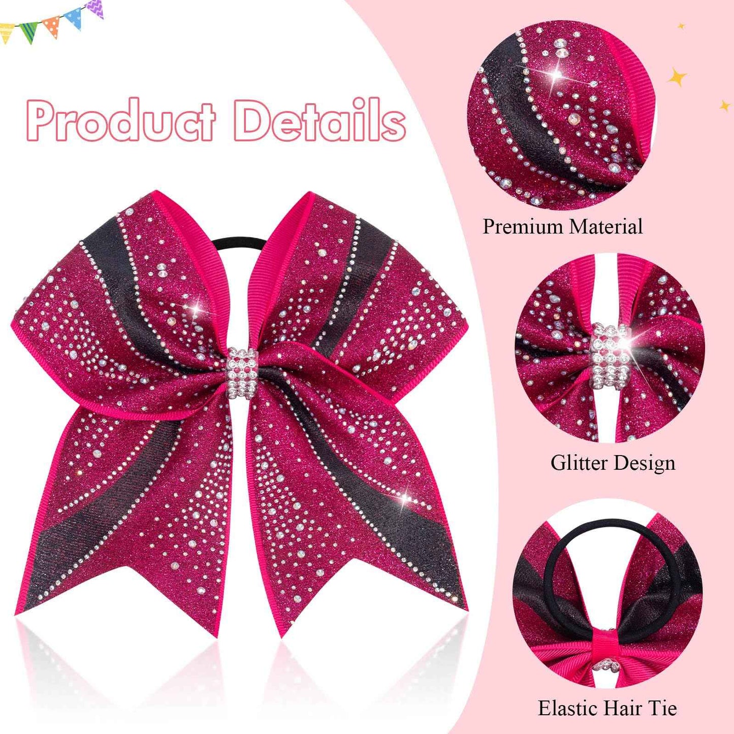 CN 6PCS Glitter Cheer Bows for Cheerleaders, Hot Pink Sparkly Large Hair Bows for Girls Cheerleading with Elastic Hair Ties，Cheer Hair Accessories for Softball Competition School Spirit