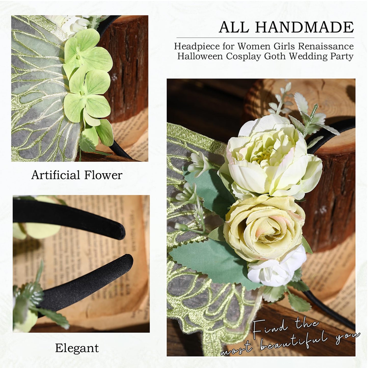 MOSTORY Green Flower Fairy Crown - Butterfly Wings Headband Floral Hairband Woodland Headpiece Fairy Costume for Women Princess Renaissance Ren Faire Elf Cosplay Halloween