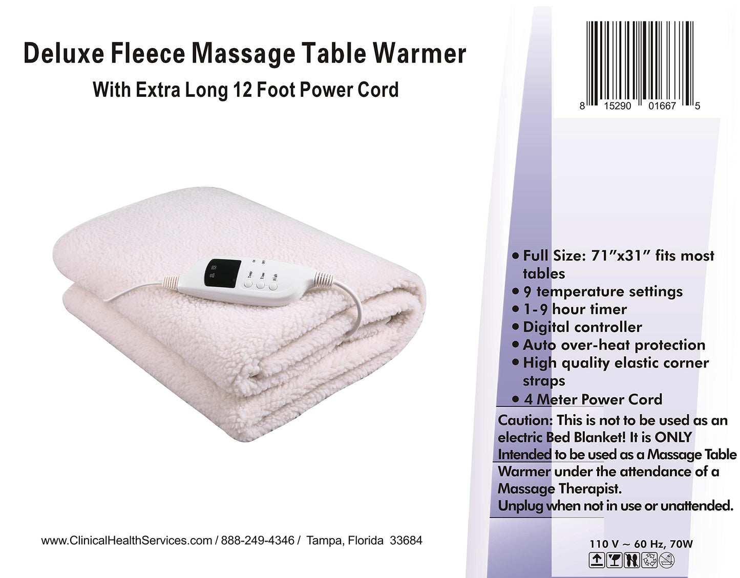 Deluxe Fleece Massage Table Warmer, w/ 12 Foot Power Cord. for Use with Massage Tables Only, Do Not Use as a Bed Blanket Warmer. Note it Does NOT GET HOT! Maximum Temperature is About 88 Degrees F
