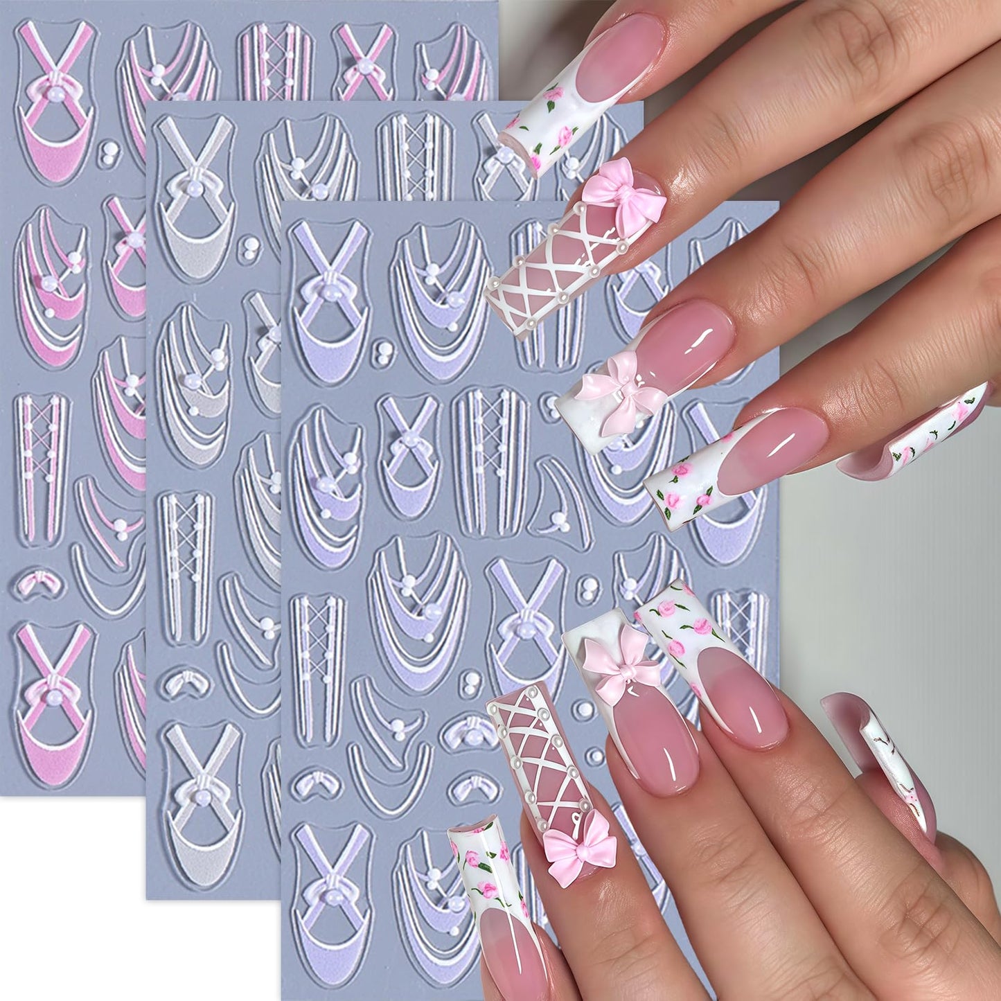 4Pcs Colorful Bow Lace Nail Art Stickers 5D Embossed Pearl Nail Decals Nail Stickers for Nail Art French Romantic Bow French Line Nail Design Nails Accessories Pearl Stripes Nails Supplies for Women