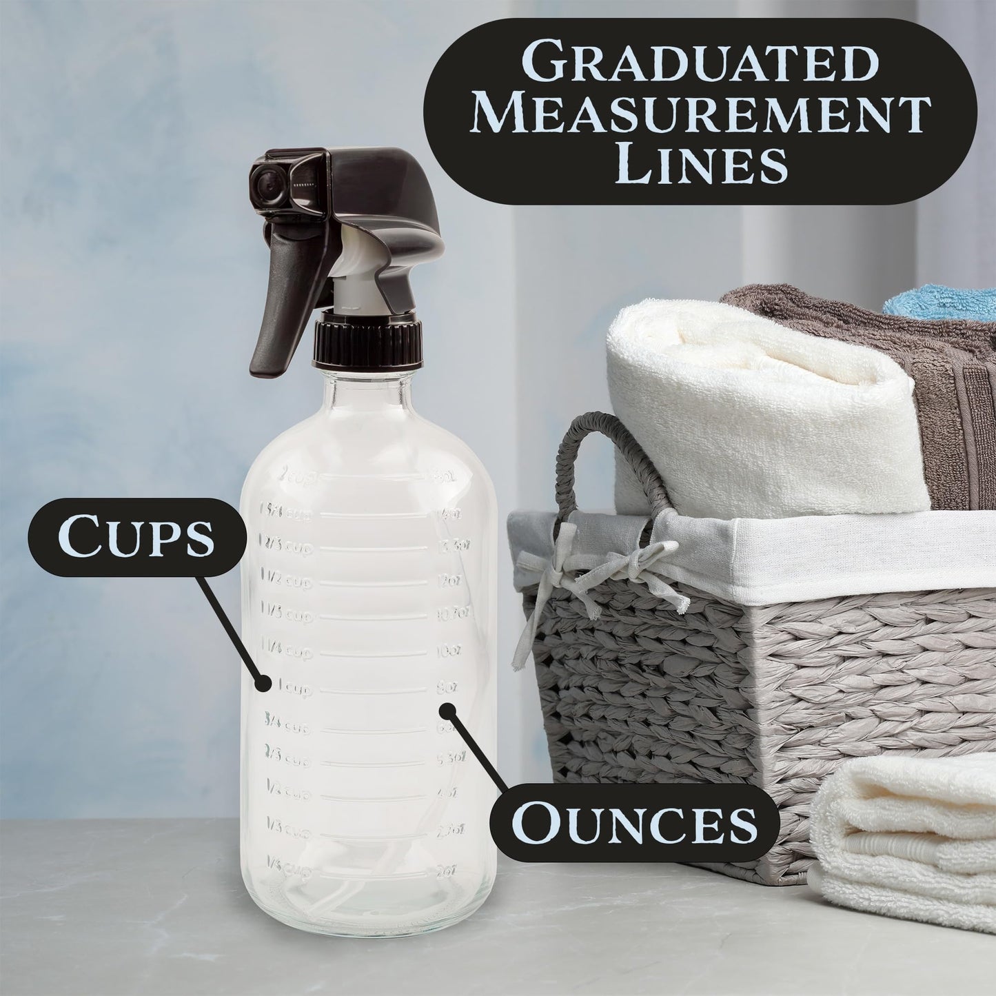 Cornucopia Brands 16-Ounce Clear Glass Spray Bottles with Measurements (Pack of 2) Sprayer Bottle with 3-Setting Heavy Duty Sprayers for Mist, Stream, OFF