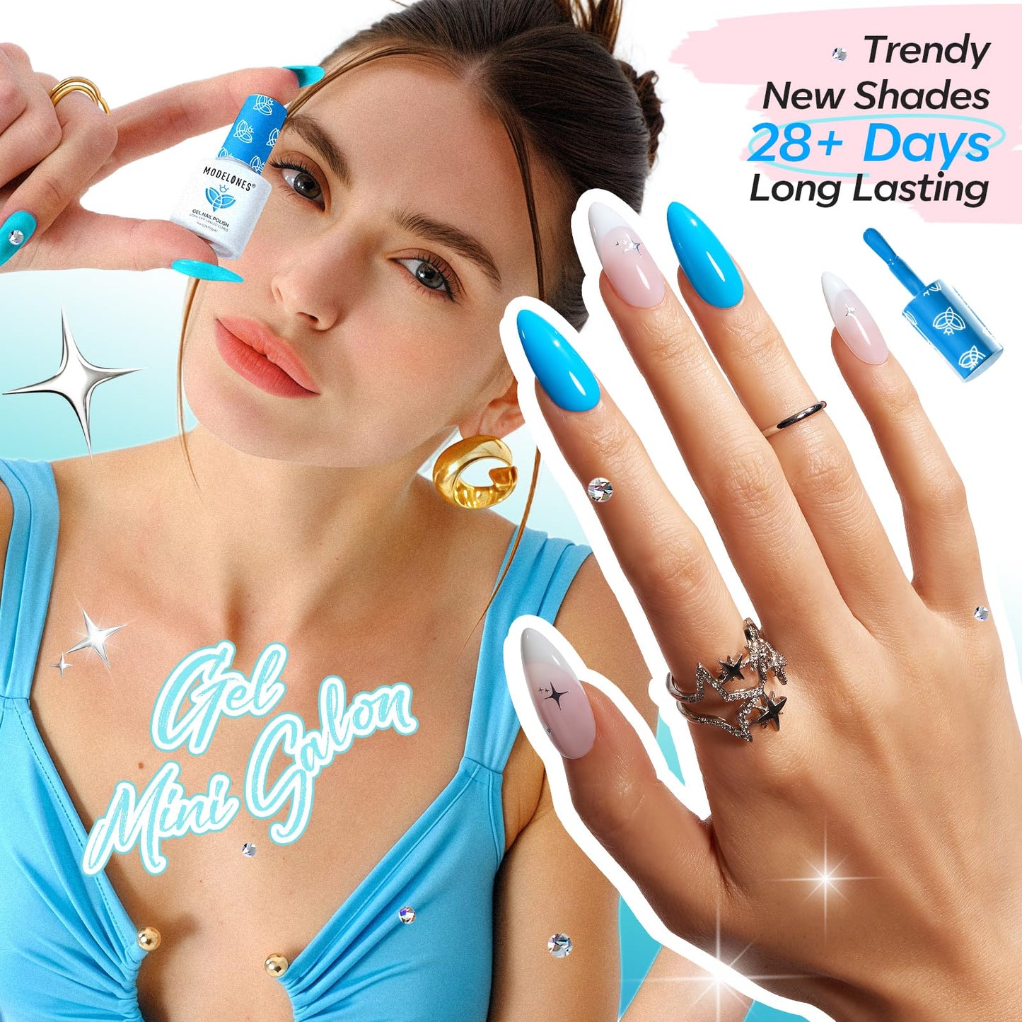 modelones Gel Nail Polish Kit White French Jelly Pink Pastel Blue Ocean Gel Polish Set with 10 Pcs Nails Sponge for Ombre & Stickers, 4 Colors Gel Mini Salon Home DIY Trend Manicure Gift for Women