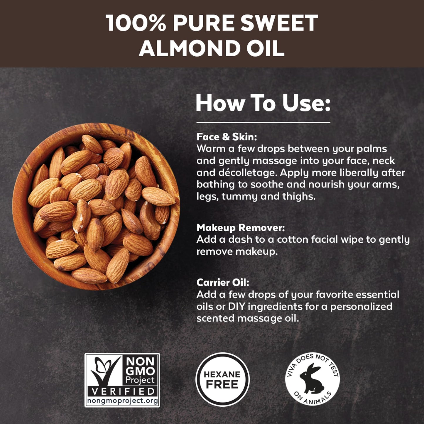 Viva Naturals Sweet Almond Oil for Skin - Body Oil, Hair Moisturizer and Relaxing Massage and Oil, Carrier Oil for Essential Oils Mixing, Non-Greasy Pure Sweet Almond Oil for Hair and Skin, 16 fl oz