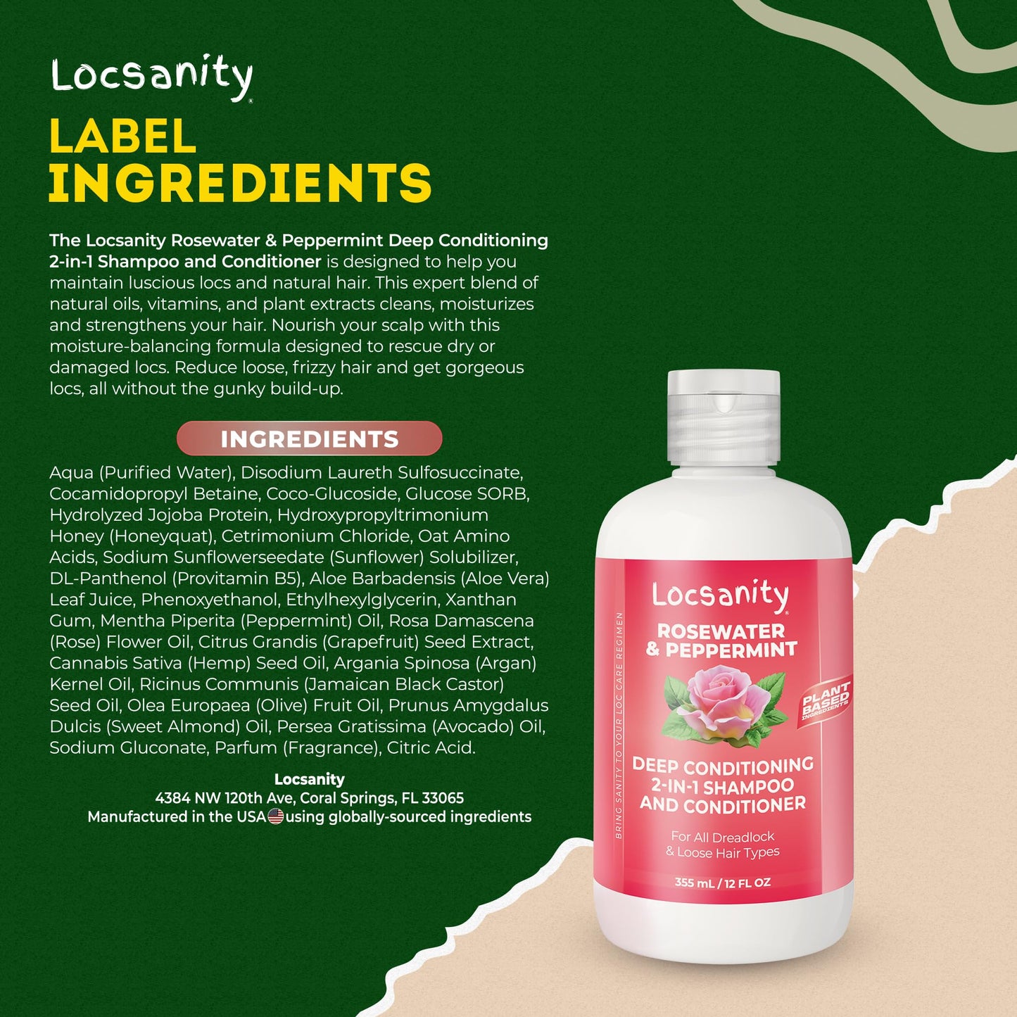 Locsanity Rosewater Peppermint 2-in-1 Shampoo and Conditioner for All Types of Dreadlocks and Hairstyles – Moisturizing, Nourishing, and Hydrating Shampoo and Conditioner (12 fl oz)