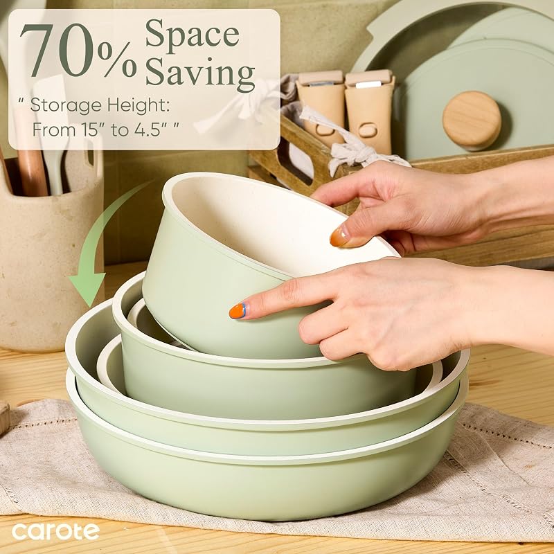 Carote 19-Piece Pots & Pans Set with Detachable Handles - Green Sage (Includes 8" & 10" Frying Pans, 1.5-qt to 4-qt Saucepans, Lids, Protectors)