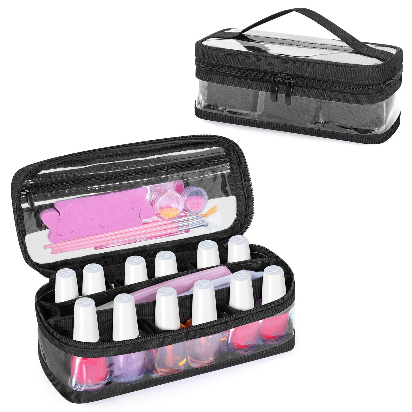 BAFASO Small Clear Nail Polish Organizer Case Holds 12 Bottles (15ml - 0.5 fl.oz), PVC Nail Polish Storage with a Removable Inner Pouch (Bag Only), Black (Patented)