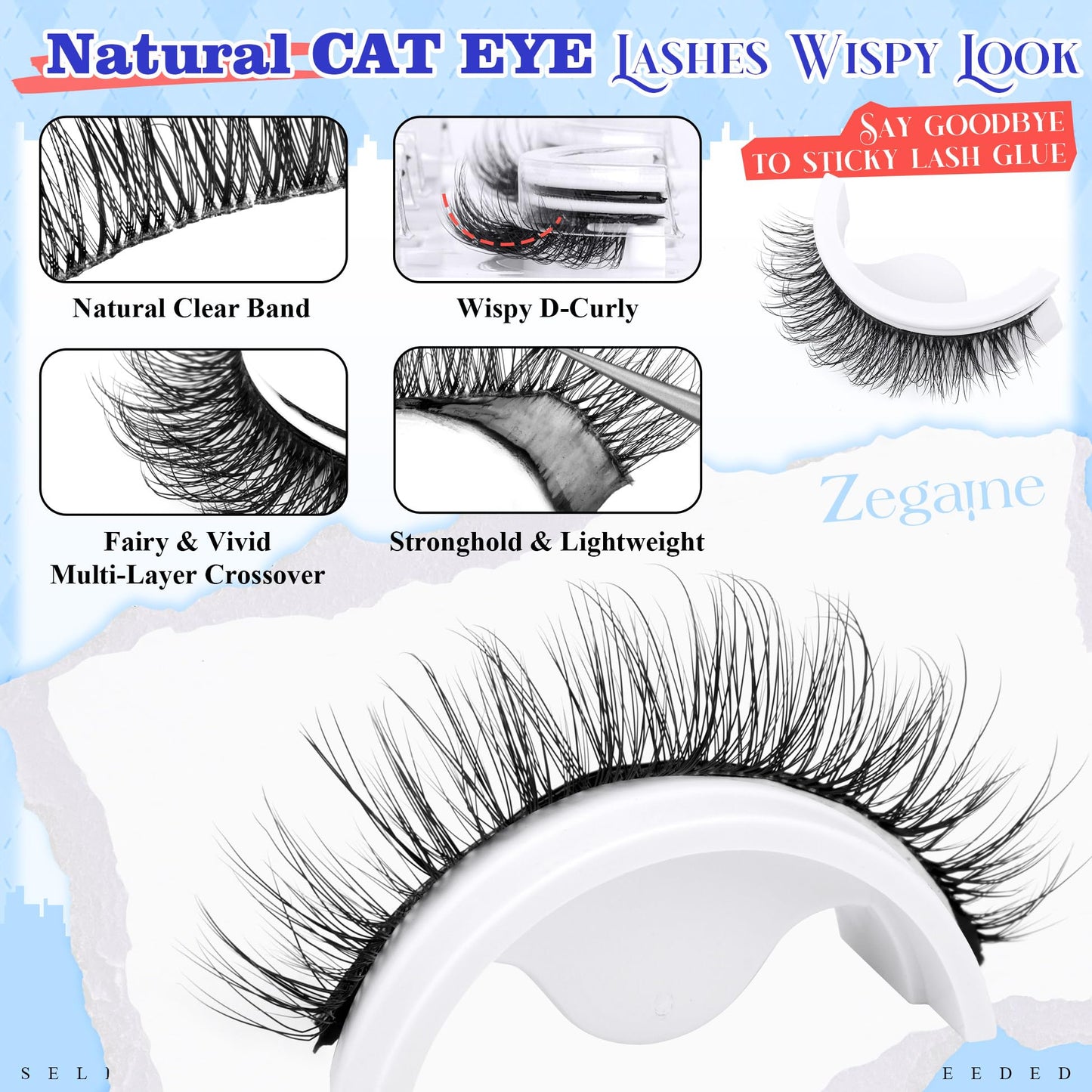 Natural Self Adhesive Eyelashes Cat Eye Lashes Natural Look Wispy Self Adhesive Lashes Clear Band Reusable 8-10MM Short Pre Glued Lashes No Glued Needed Natural Stick On Lashes 5 Pairs by Zegaine