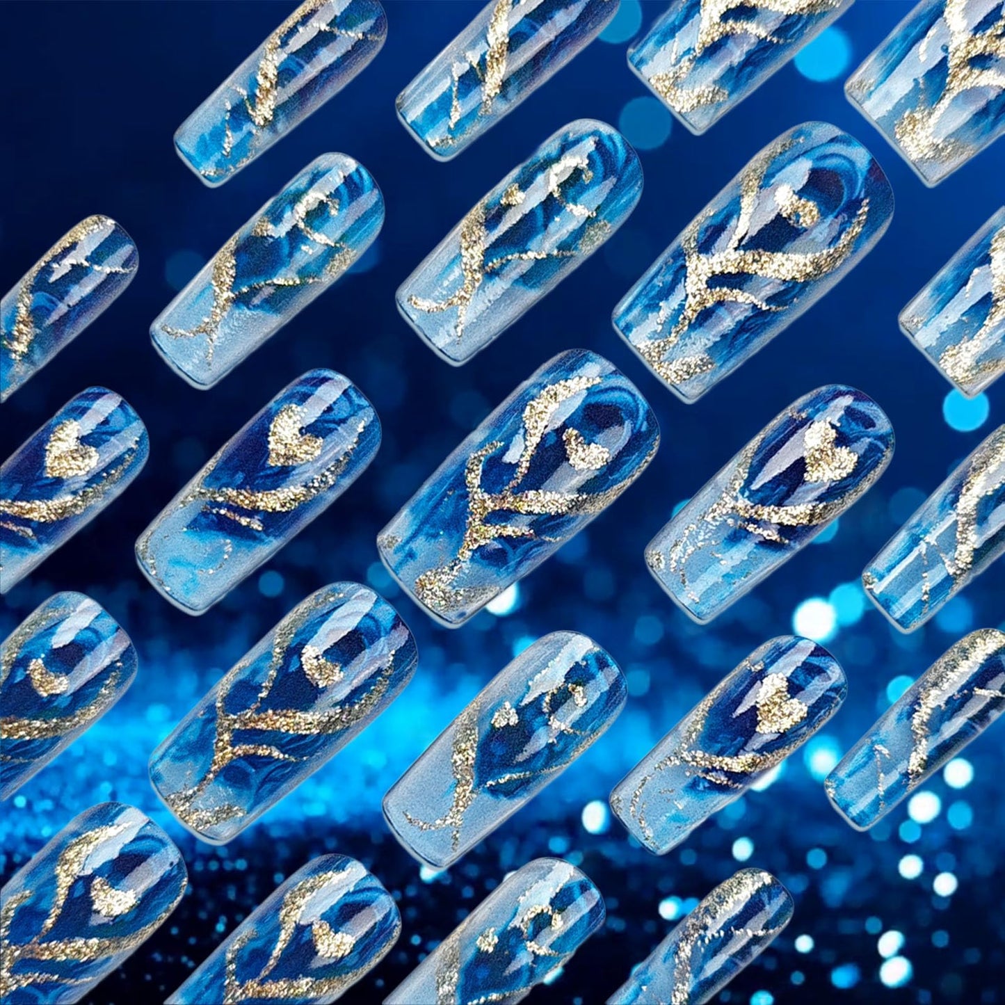 24Pcs Gold Curve Line Press on Nails Sea Acrylic Fake Nail Glossy Blue Gradient Medium Square False Nails Love Heart Stick on Fingernails Seaweed Gel Glue on Nail for Coquette Women Girls