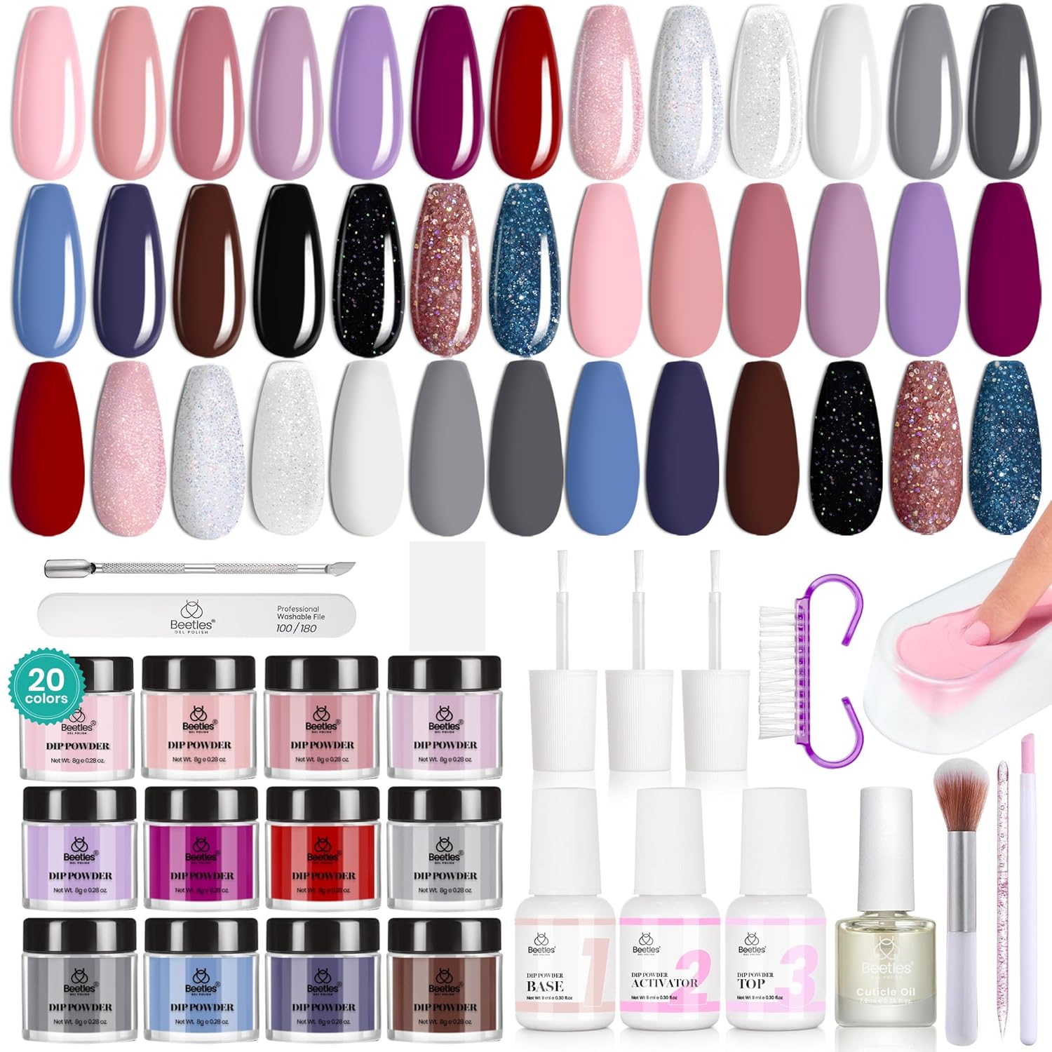 Beetles 20-Color Pink Nude Dip Powder Nail Kit - Jelly Effect & Glitter for DIY Manicure