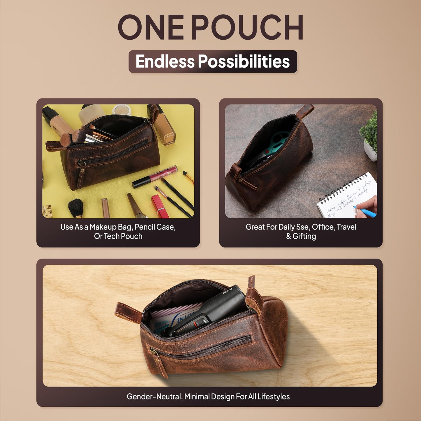 TheAntiq Brown Leather Cosmetic Bags for Women Travel Cosmetic Cases - Multipurpose Zippered Makeup Bag, Small leather Cosmetic Case for Purse - Genuine Leather Makeup Bag Handmade Makeup Pouch